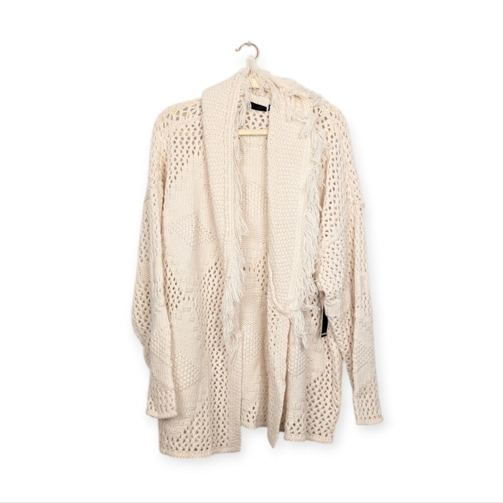 RD Style Isla Cardigan L Winter White Knit Fringe Shawl Cozy Boho NWT